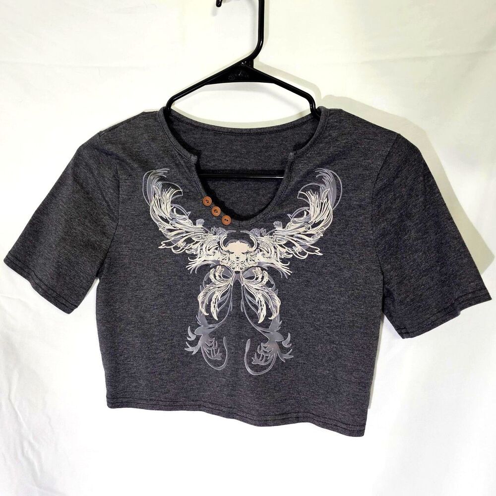 ROMWE Y2K Grunge Wing Graphic Henley Crop Top Dark Heather Gray Womens Size S